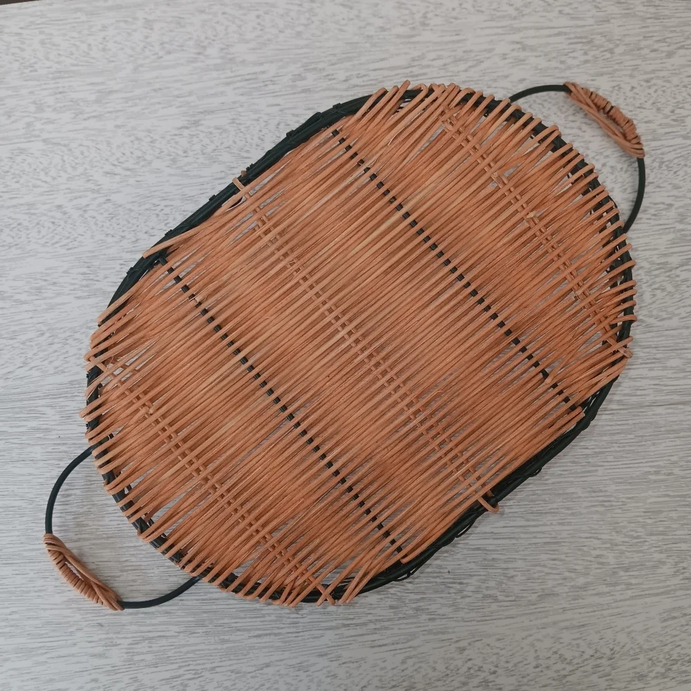 Oval Woven Wicker & Metal Wire Mesh Basket with Side Handles